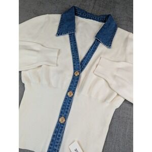 NWT Commense Cardigan Womens S Rib Knit Denim Collar Trim Cinch Sweater Pullover
